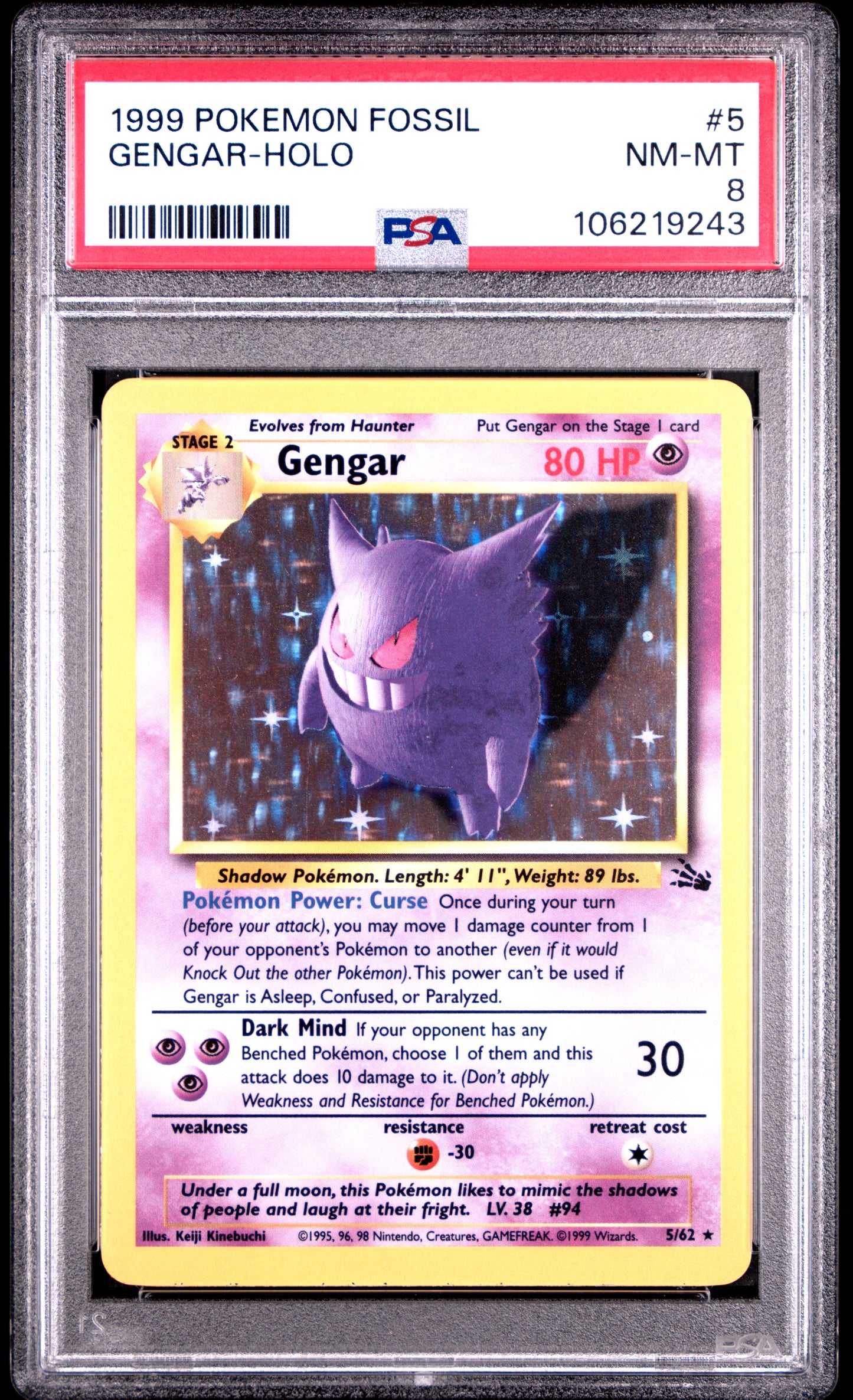 1999 Pokemon Fossil #5 Gengar-Holo PSA 8