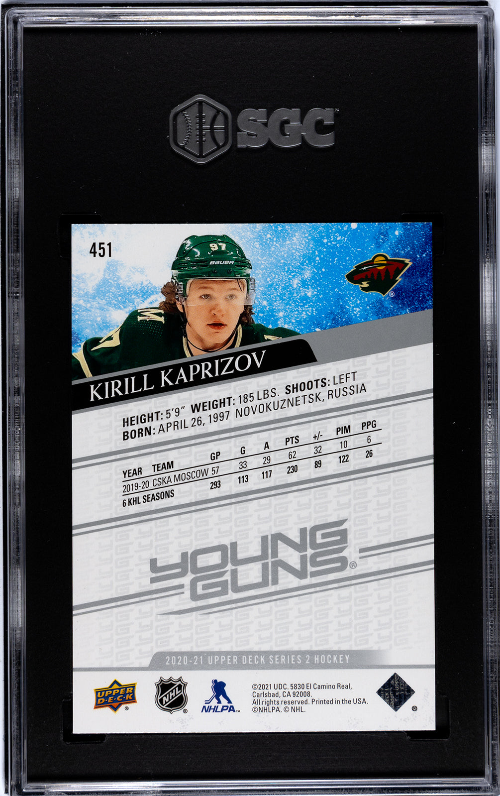 2020-21 Upper Deck #451 Kirill Kaprizov Young Guns SGC 9.5 RC Wild