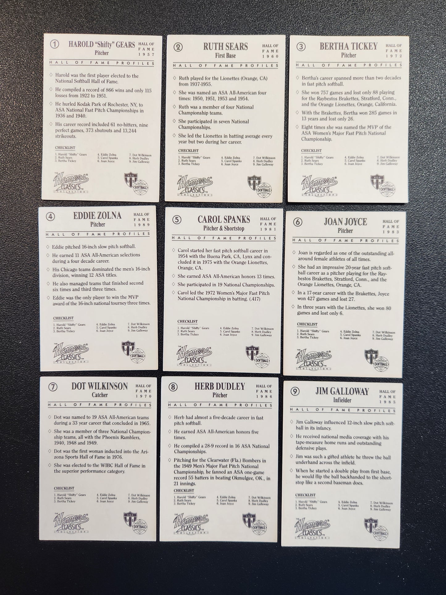 The Homer's Classics Softball Hall of Fame Set (9) Cards