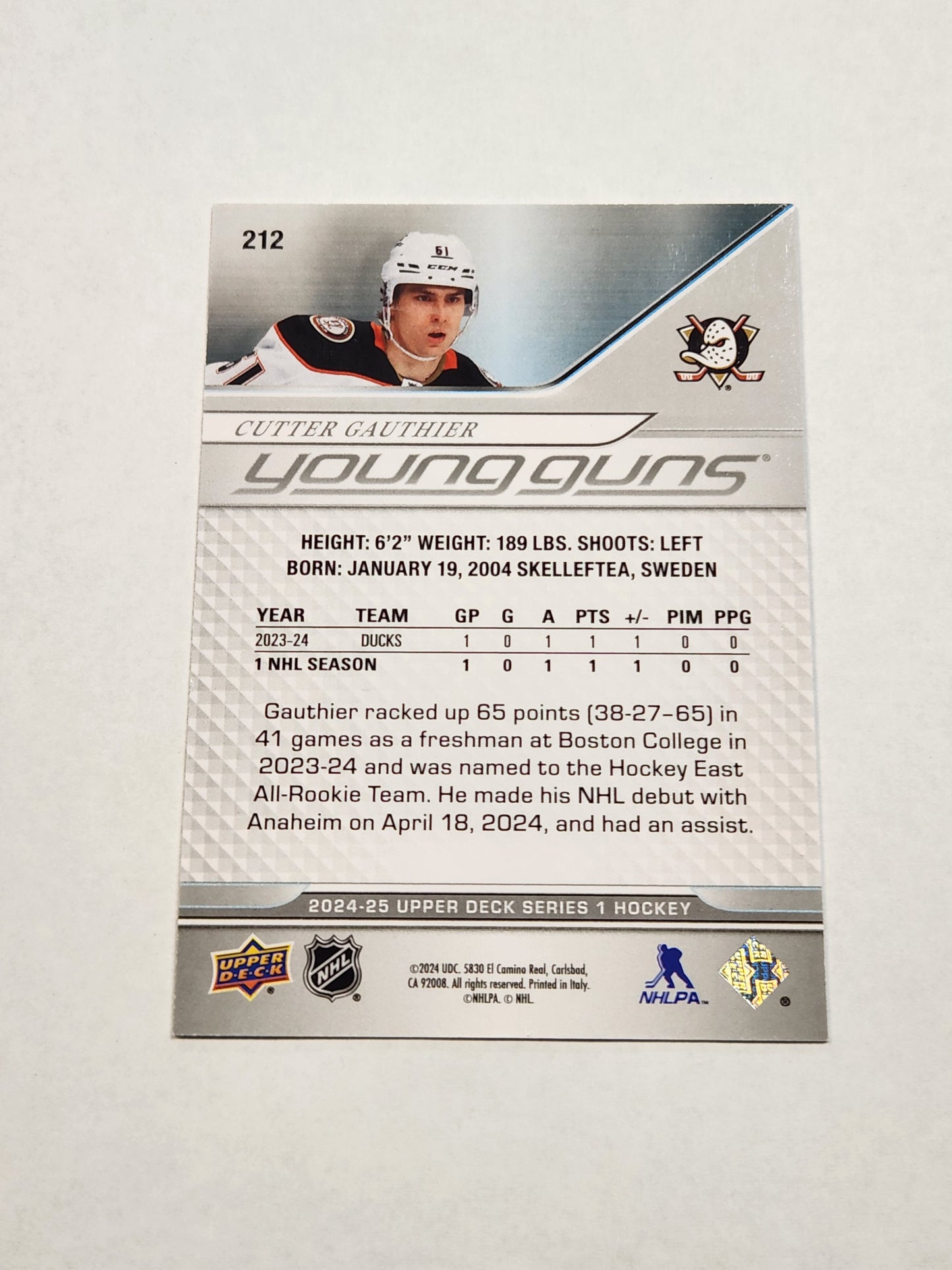 2024-25 Upper Deck Series 1 Cutter Gauthier UD Exclusives /100 Ducks SP