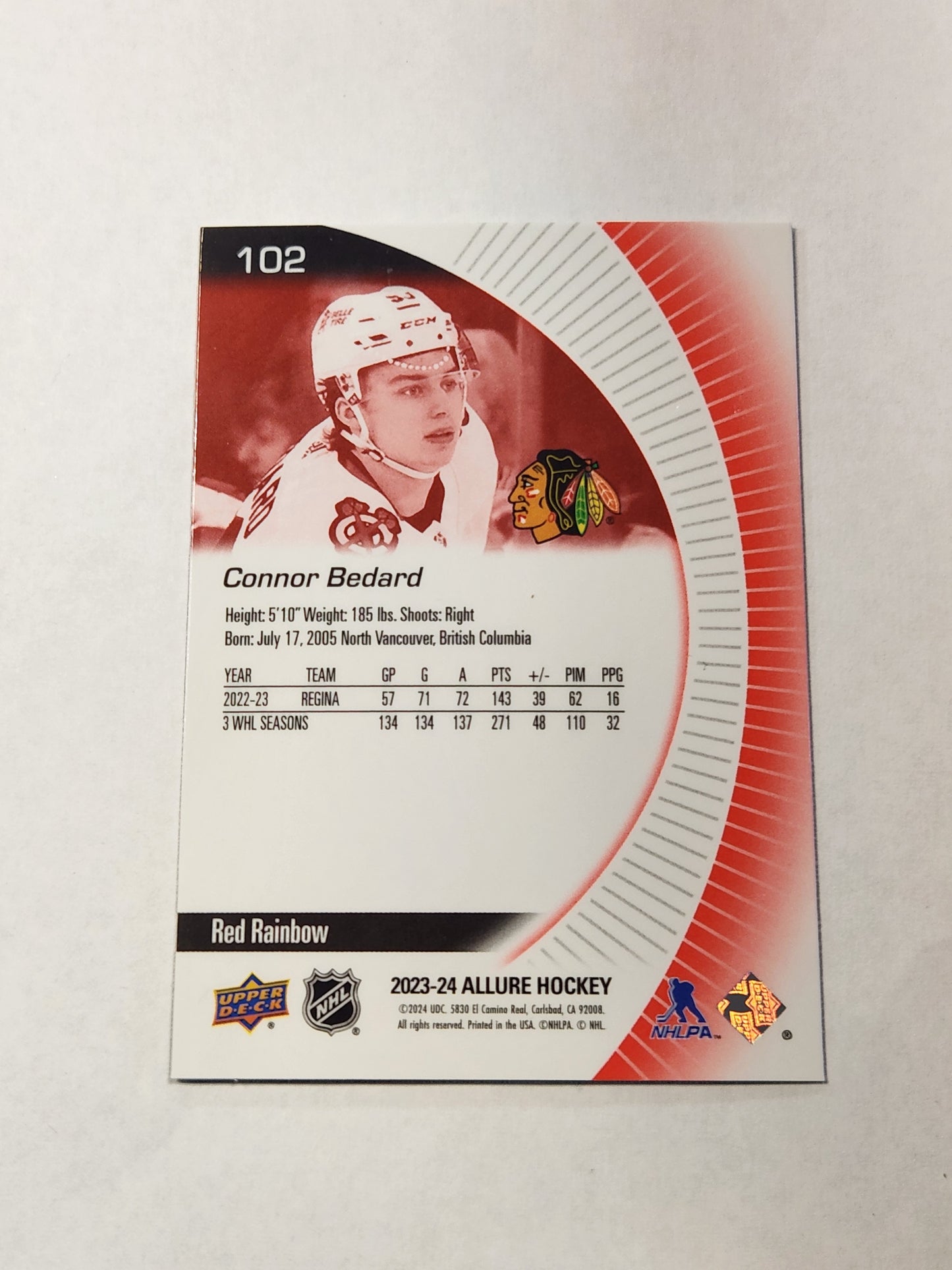 2023-24 Upper Deck Allure Connor Bedard #102 Red Rainbow Blackhawks