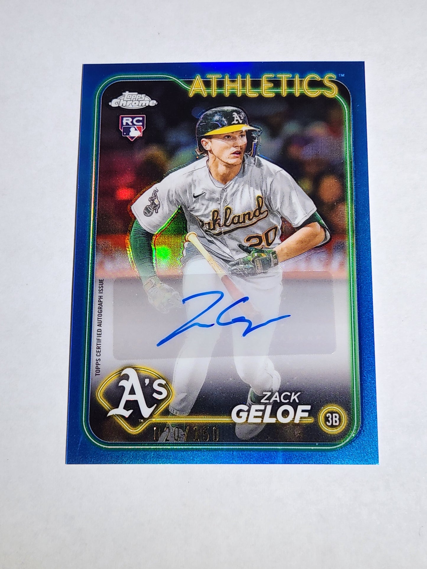 2024 Topps Chrome Zack Gelof Blue Refractor RC Auto # /150 Jersey # Athletics