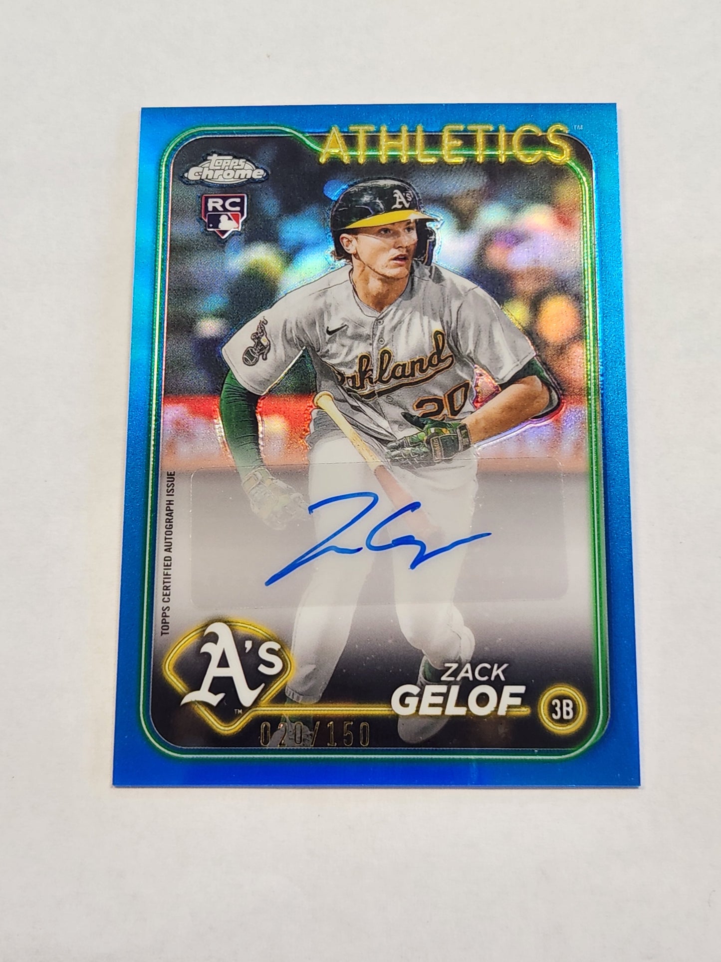 2024 Topps Chrome Zack Gelof Blue Refractor RC Auto # /150 Jersey # Athletics