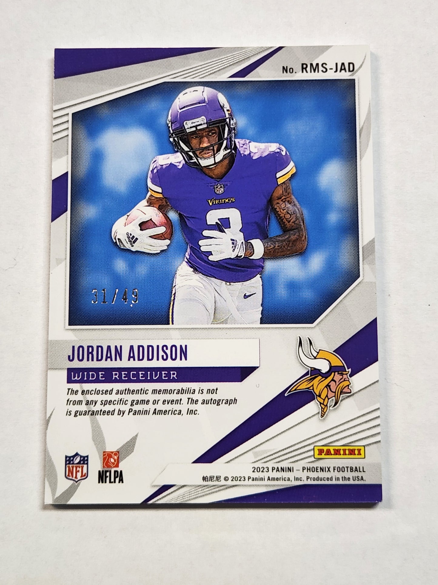 2023 Phoenix Rising Rookie Jordan Addison RPA # /49 Vikings Auto RC