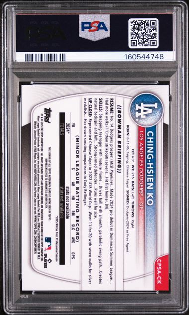 2025 Bowman Chrome Sapphire Ching-Hsien Ko 1st Bowman Prospect Orange Ice On Card Auto #/25 PSA 10
