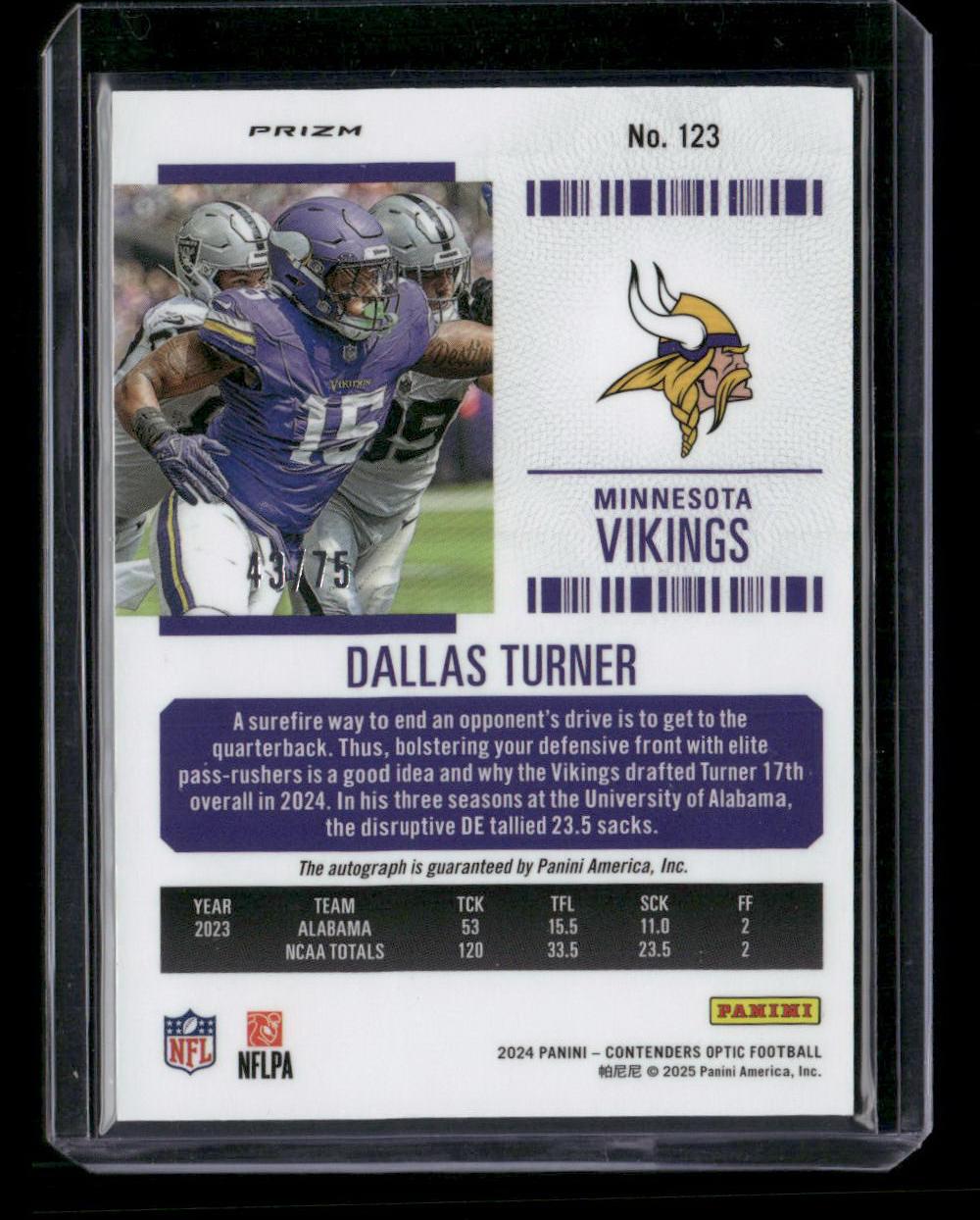 2024 Panini Contenders Optic #123 Dallas Turner Blue #/75