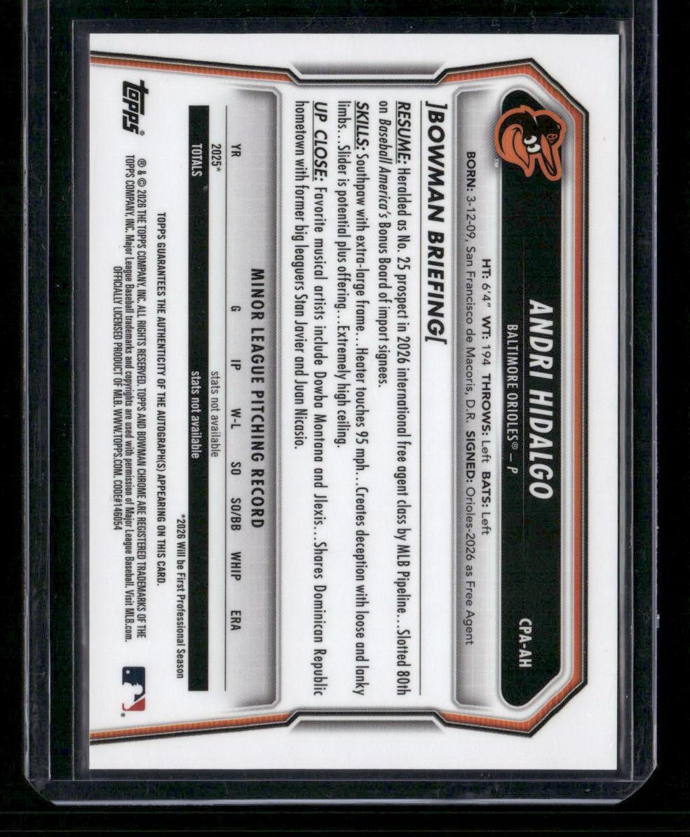 2026 Bowman Chrome Andri Hidalgo Prospect Auto Mini-Diamond Refractor #/100