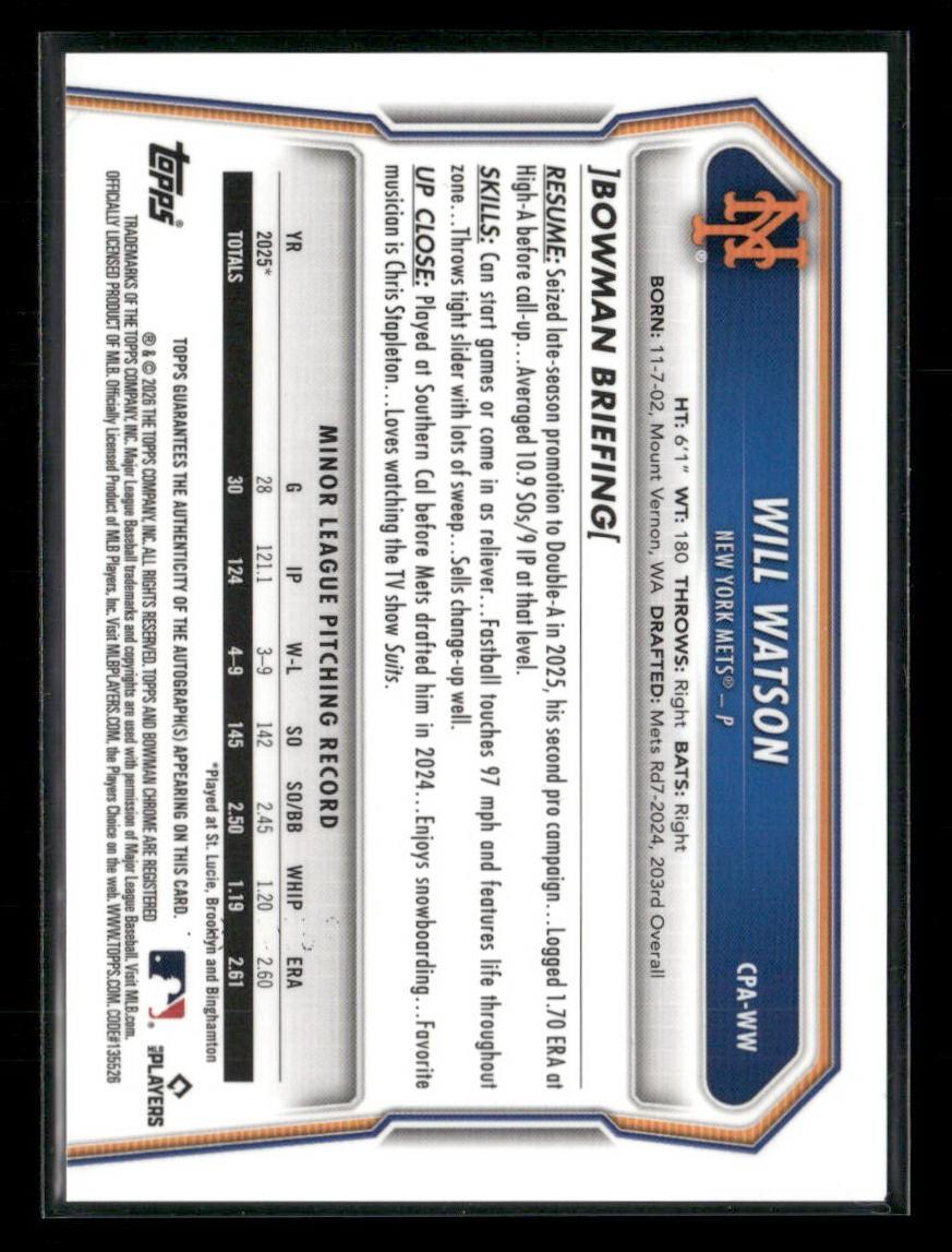2026 Bowman Chrome Will Watson 1st Bowman Speckle Refractor Auto #/299