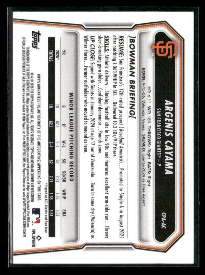 2026 Bowman Chrome #CPA-AC Argenis Cayama Prospect Auto Purple Refractor #/250