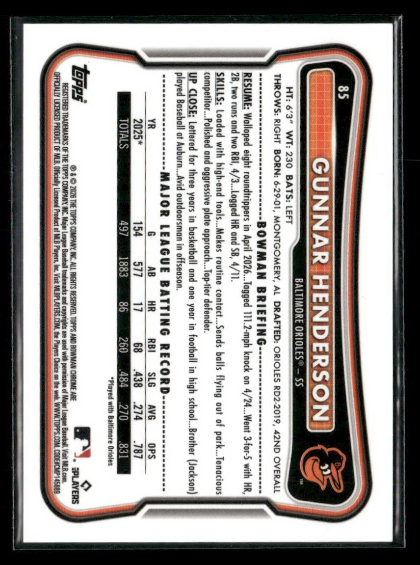 2026 Bowman Chrome #85 Gunnar Henderson Gold Refractor #/50