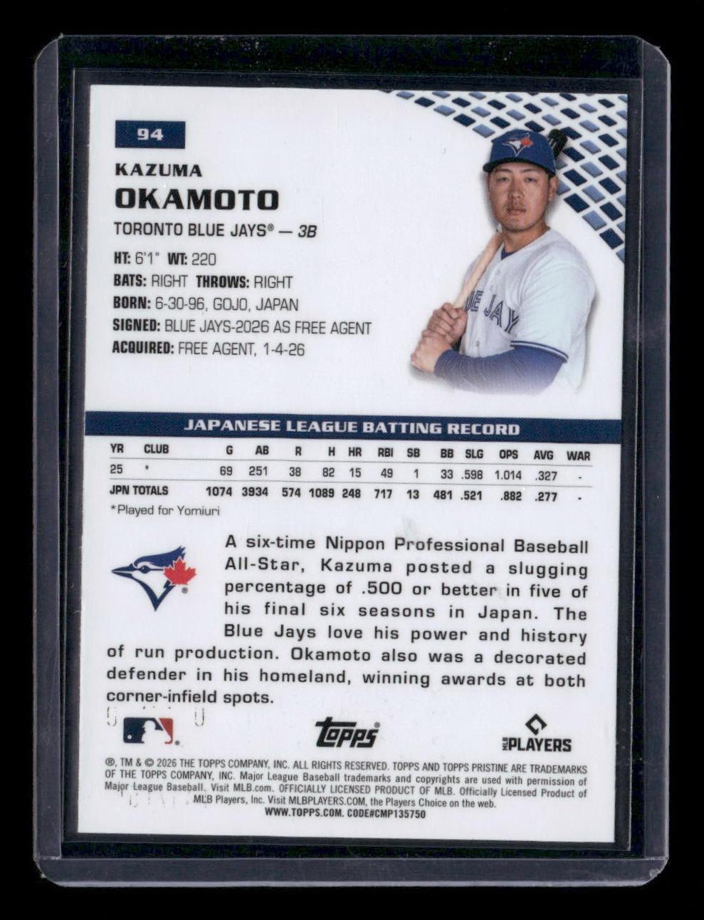 2026 Topps Pristine #94 Kazuma Okamoto Green Refractor #/150