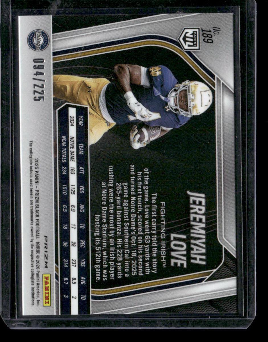 2025 Panini Prizm Black #189 Jeremiyah Love Prizm Leather #/225