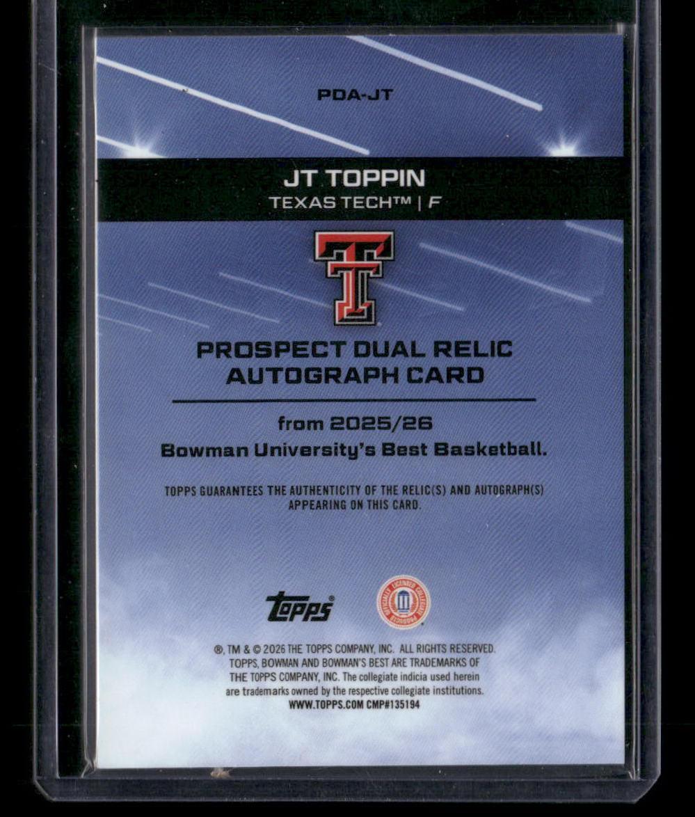 2025-26 Bowman's Best U JT Toppin Prospect Dual Relic Auto Yellow Lazer #/75