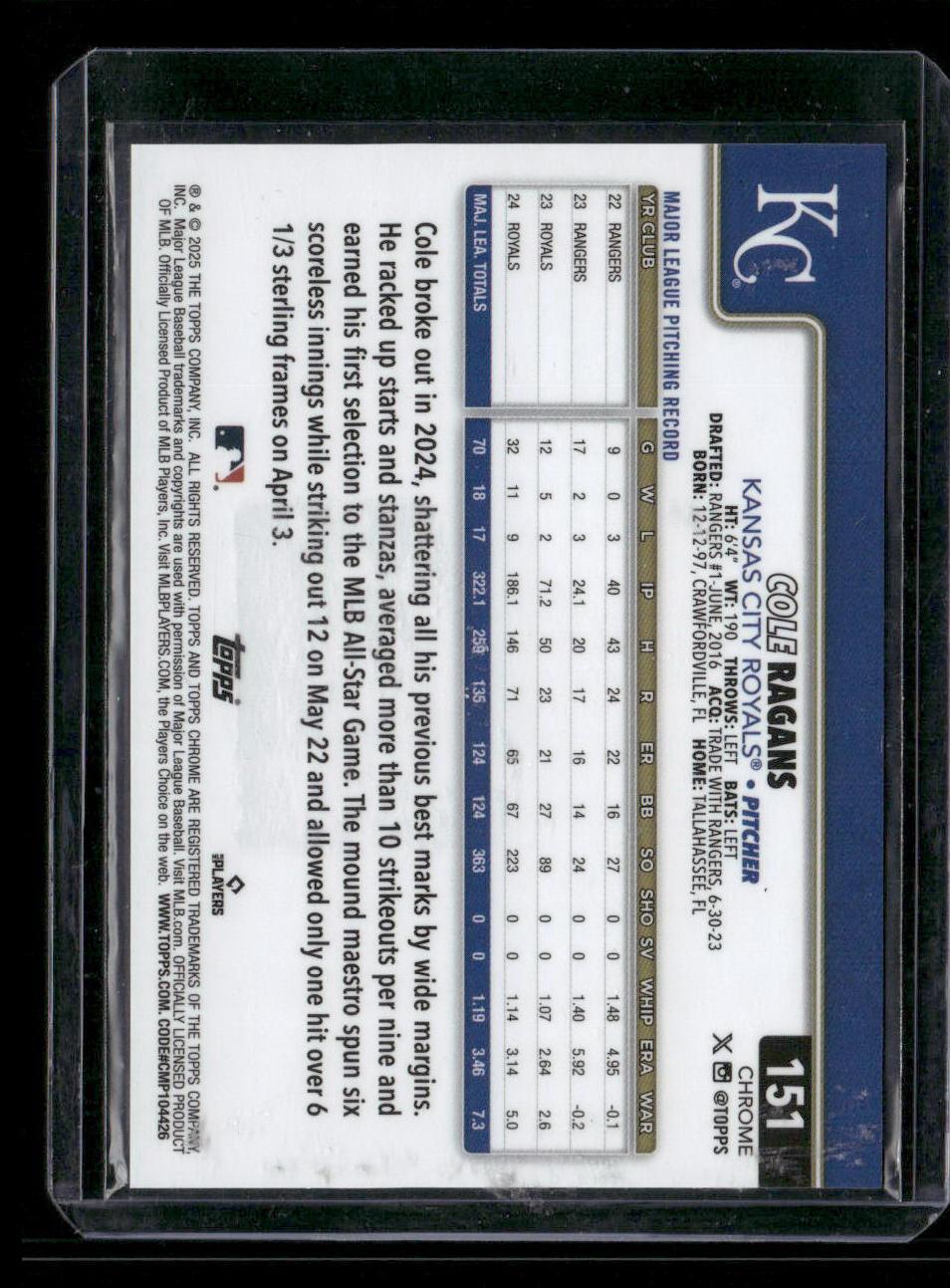 2025 Topps Chrome #151 Cole Ragans Black RayWave Refractor #/10