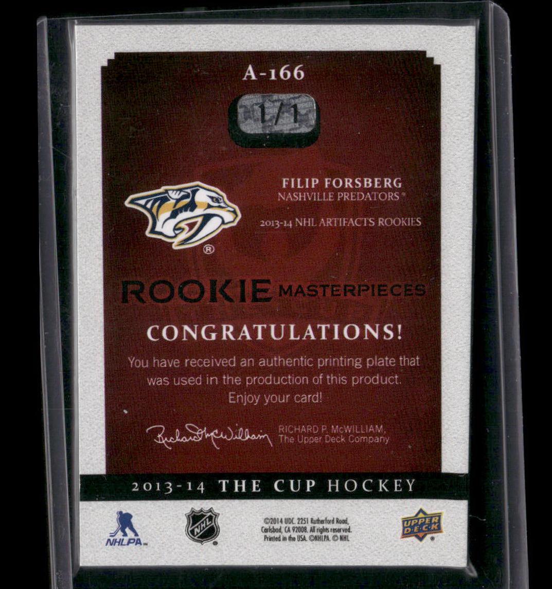 2013 Upper Deck The Cup #A-166 Filip Forsberg Printing Plates Artifacts Cyan #/1