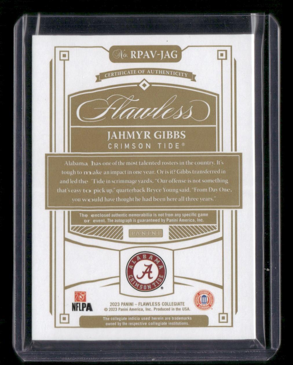 2023 Panini Flawless Collegiate #RP9 Jahmyr Gibbs Rookie Patches Platinum #/1