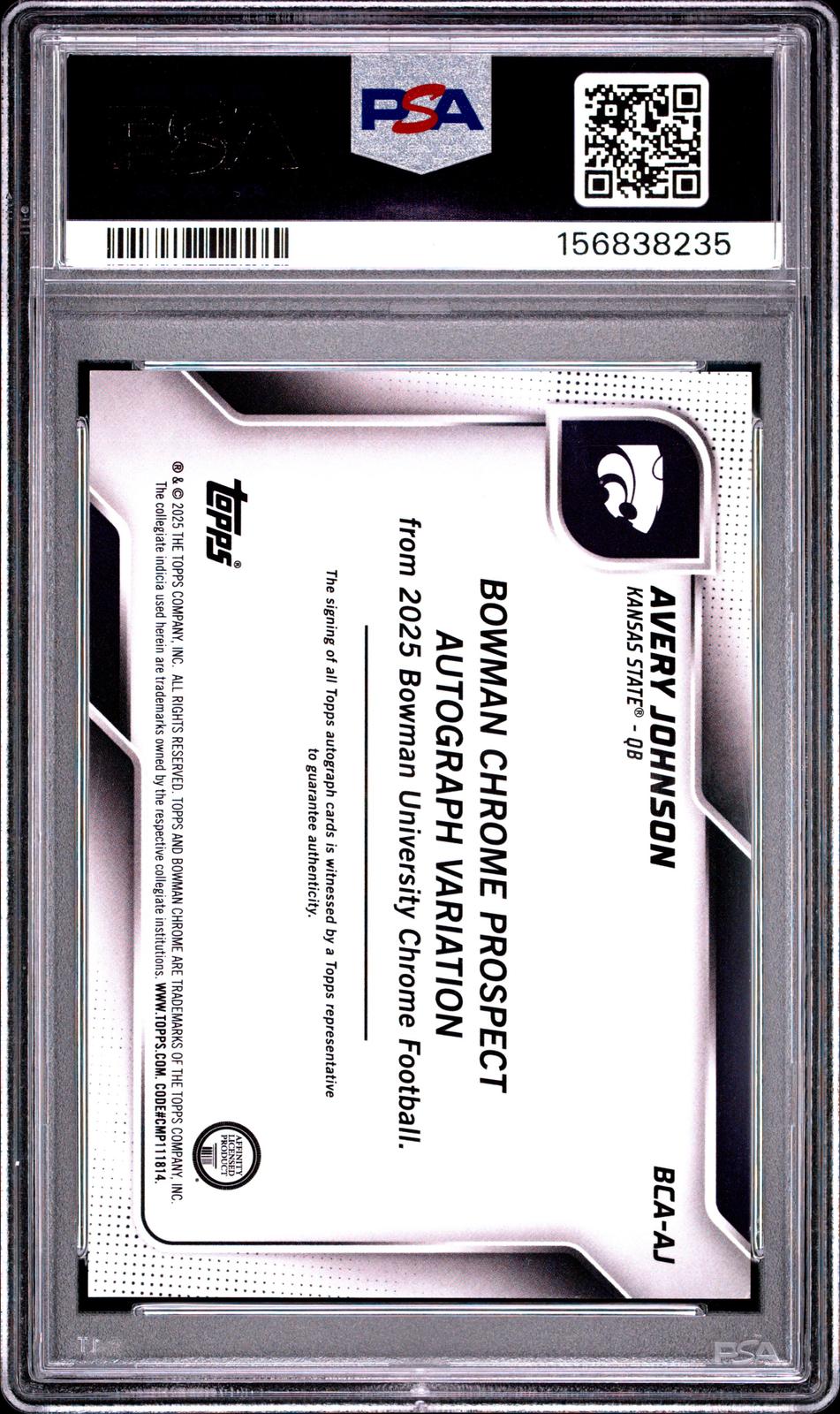 2025 Bowman U Chrome Sapphire Bowman Chrome Prospect Auto Avery Johnson PSA 10