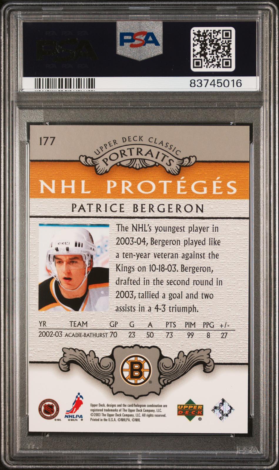 2003 Upper Deck Classic Portraits #177 Patrice Bergeron PSA 10