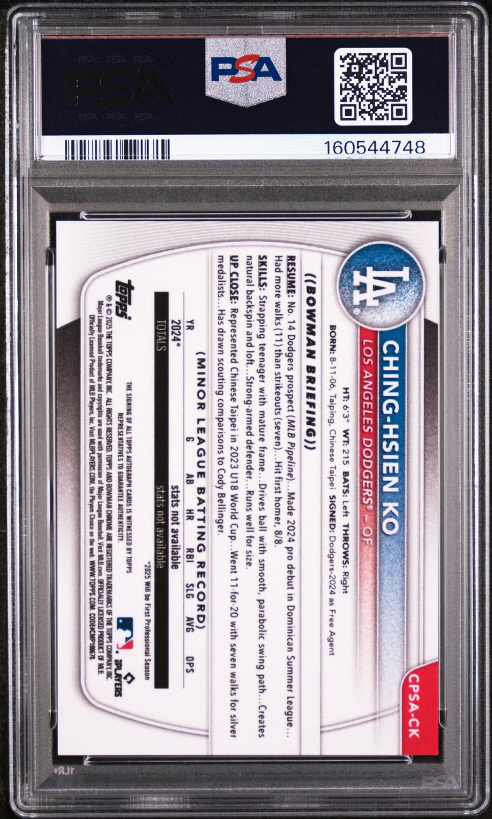 2025 Bowman Chrome Sapphire Prospects Auto Ching-Hsien Ko Orange PSA 10