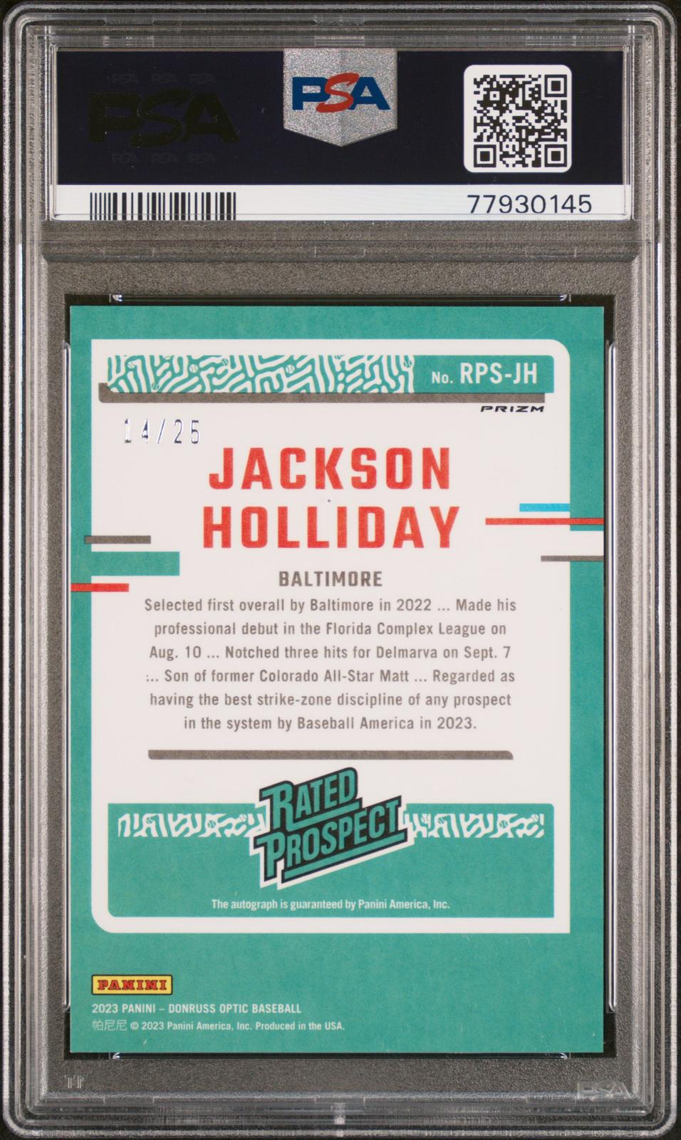 2023 Donruss Optic Rated Prospect Signatures Jackson Holliday Orange PSA 9