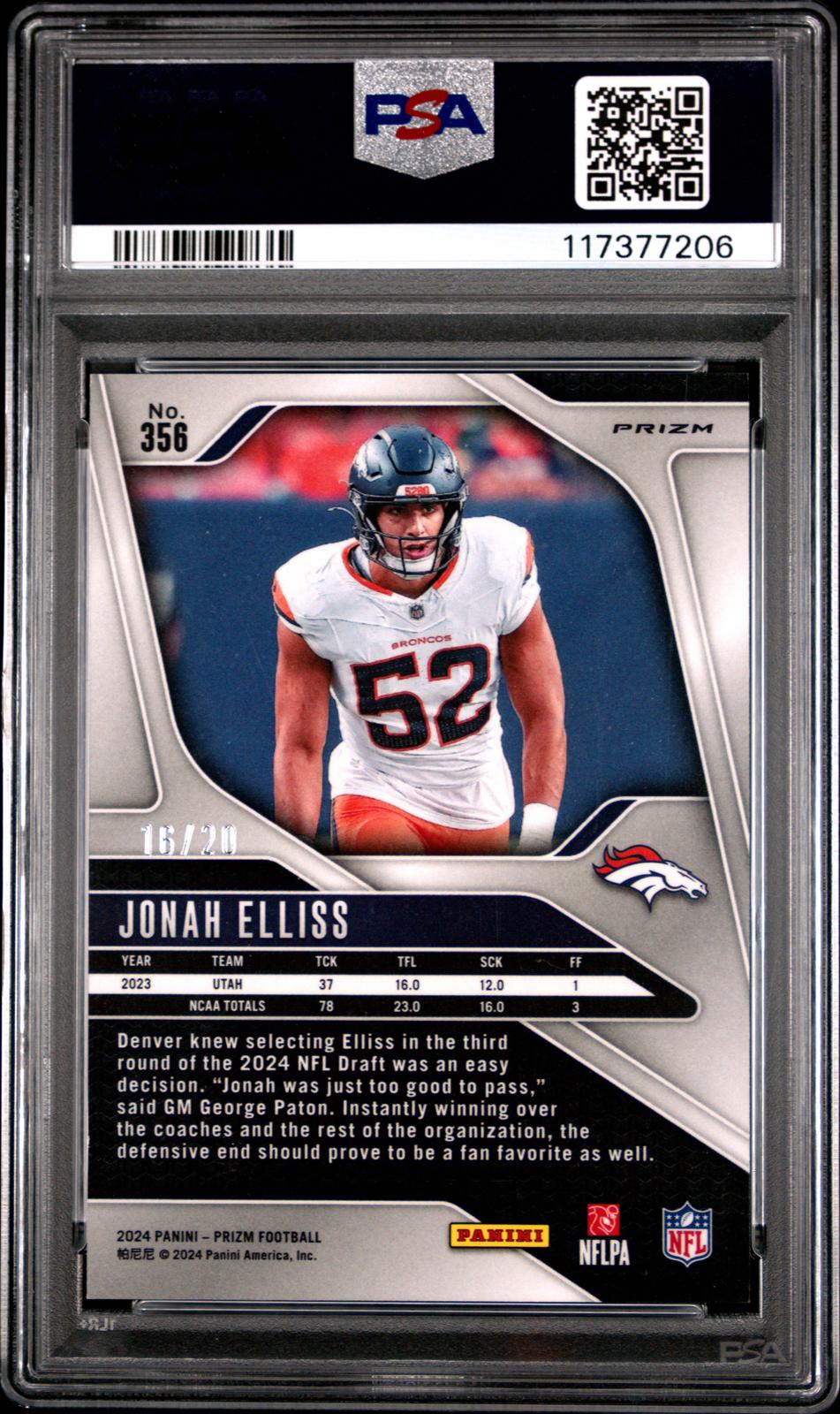 2024 Panini Prizm #356 Jonah Elliss Red Choice PSA 10
