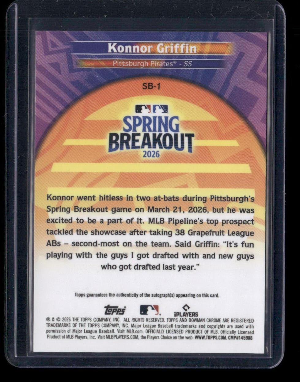 2026 Bowman Chrome #SB-1 Konnor Griffin Spring Breakout 2026 Autographs #/99