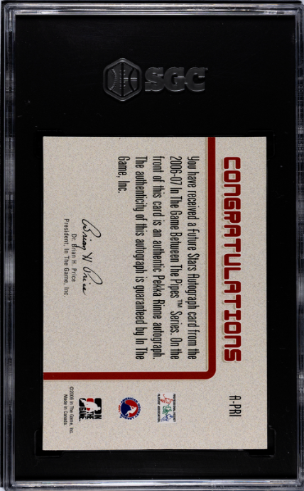 2006-07 In The Game Between The Pipes #A-PRI Pekka Rinne Auto. SGC 10