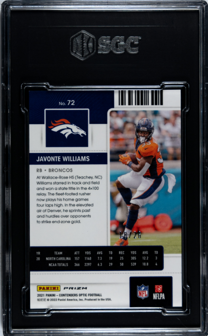2021 Contenders Optic #72 Javonte Williams Purple Pulsar Prizm /26 SGC 9.5