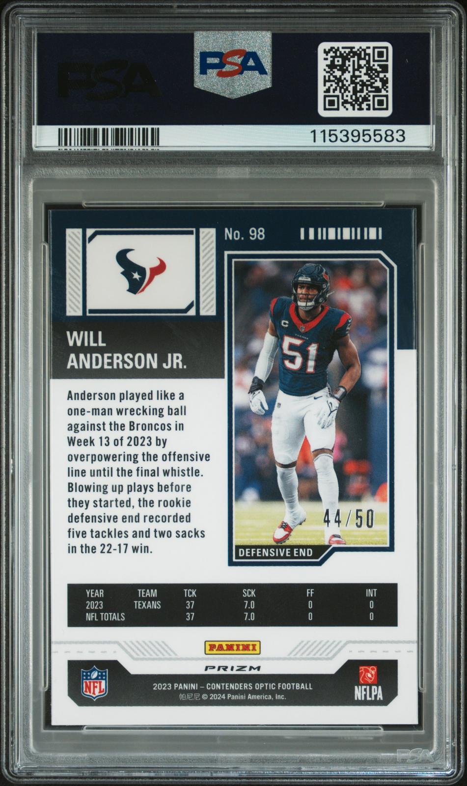 2023 Panini Contenders Optic #98 Will Anderson Jr. Orange PSA 10