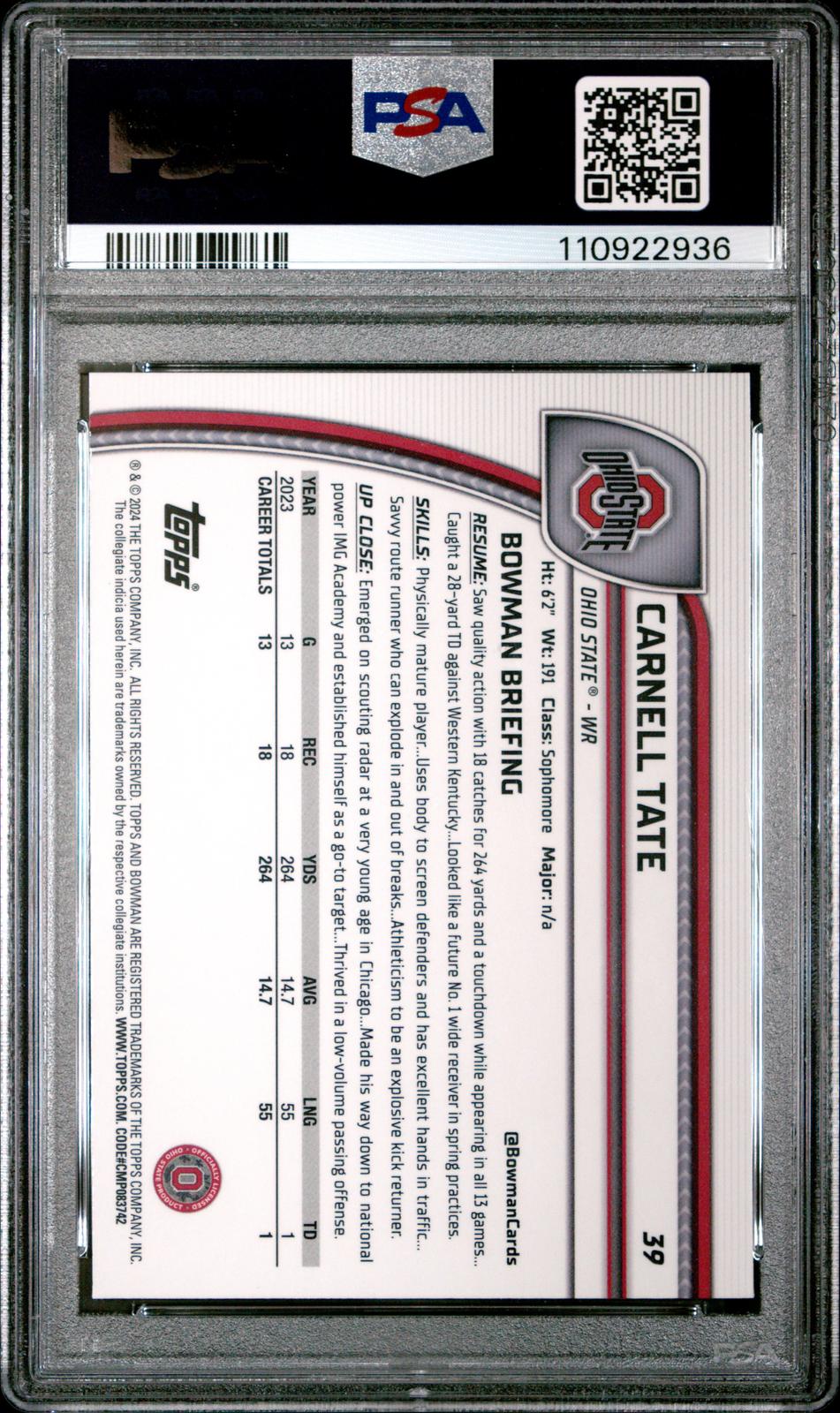 2024 Bowman University Chrome #39 Carnell Tate PSA 10
