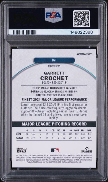 2025 Topps Finest Garrett Crochet Uncommon Superfractor #1/1 One of One PSA 9