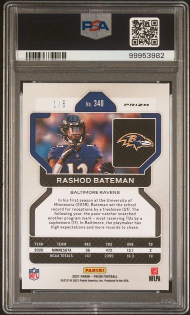 2021 Prizm Rashod Bateman No Huddle Neon Green Rookie 1/5 PSA 9