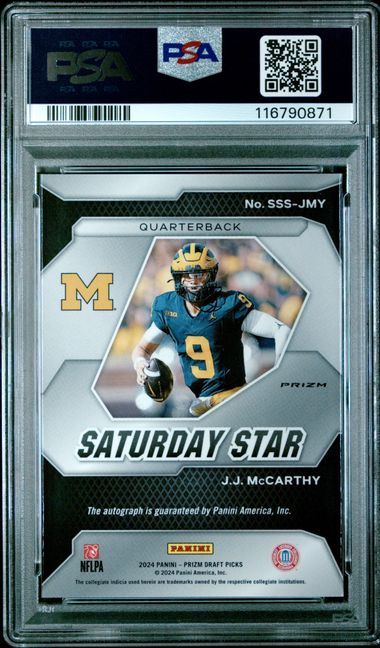 2024 Prizm Draft Picks JJ McCarthy Saturday Star Red Cracked Ice Rookie Auto PSA 9 Pop 1