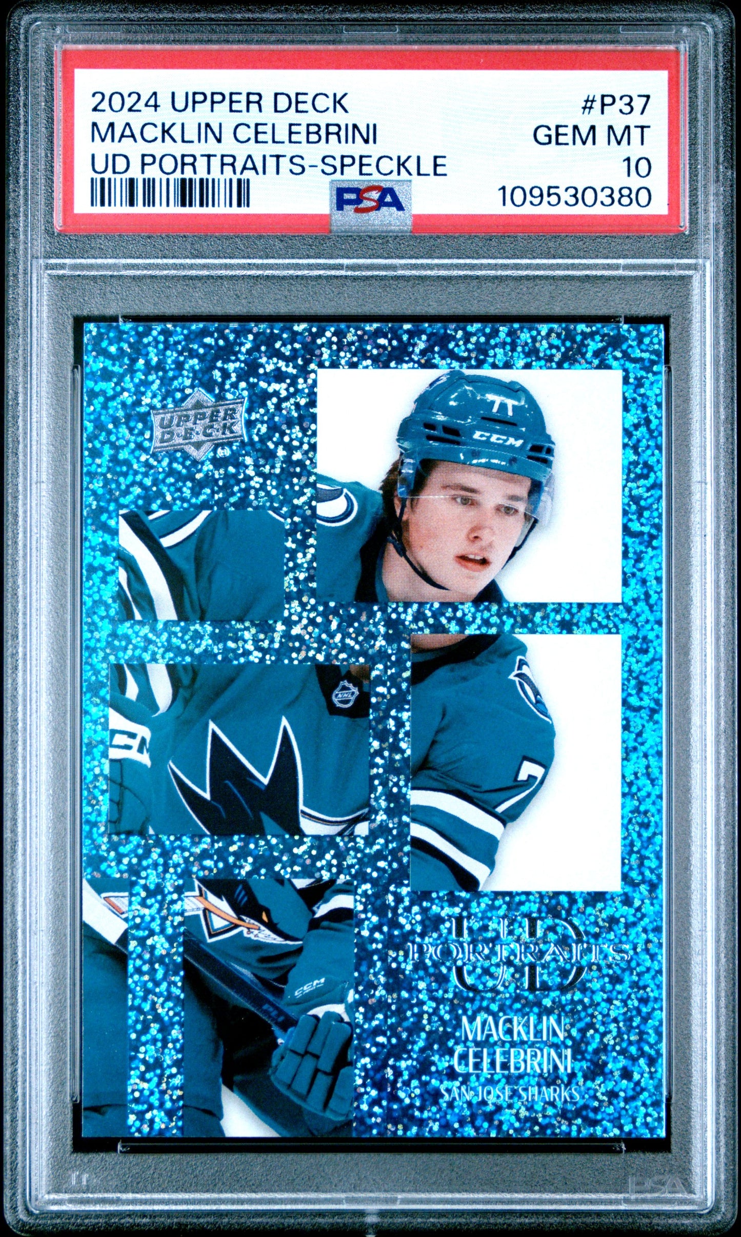 2024 Upper Deck Macklin Celebrini Portraits Speckle PSA 10 Color Match P37