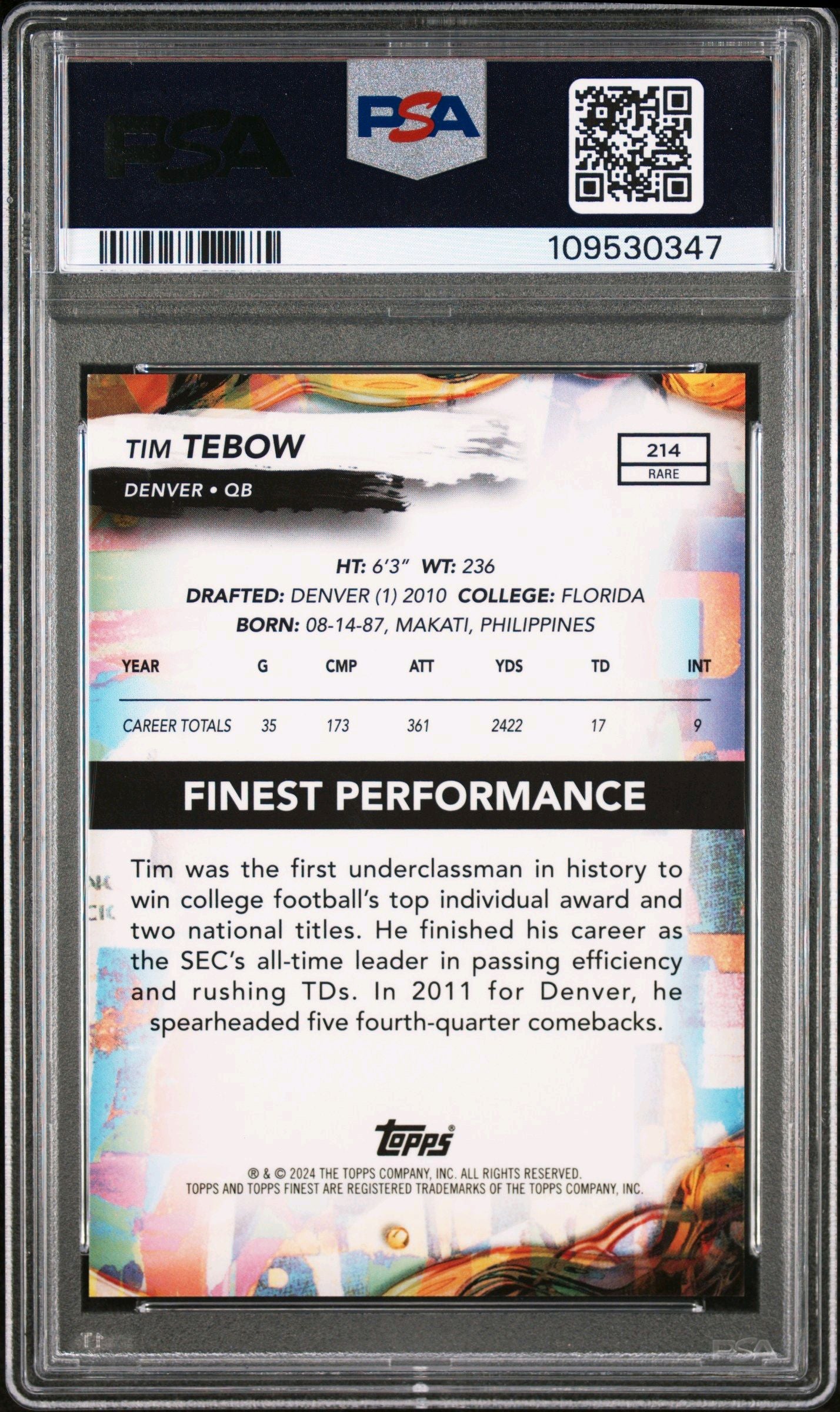 2024 TOPPS FINEST #214 TIM TEBOW GREEN REFRACTOR PSA 10