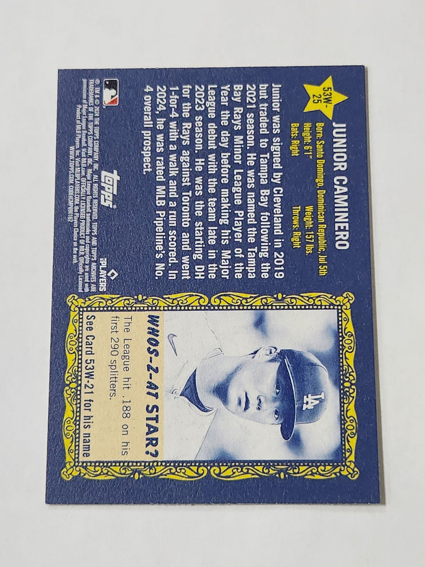 2024 Topps Archives Junior Caminero SP RC 1953 Who's Z a Star 53W-25