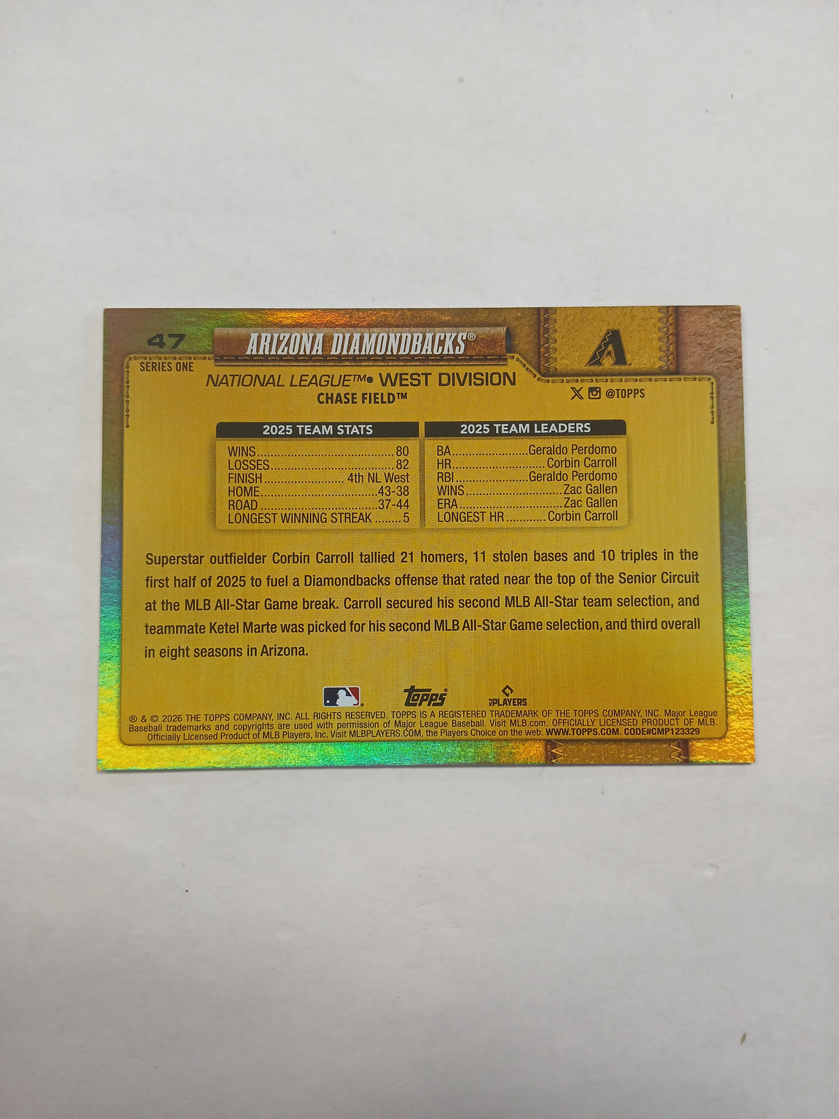 2026 Topps Series One Arizona DiamondBacks Golden Mirror Variation Case Hit SSP