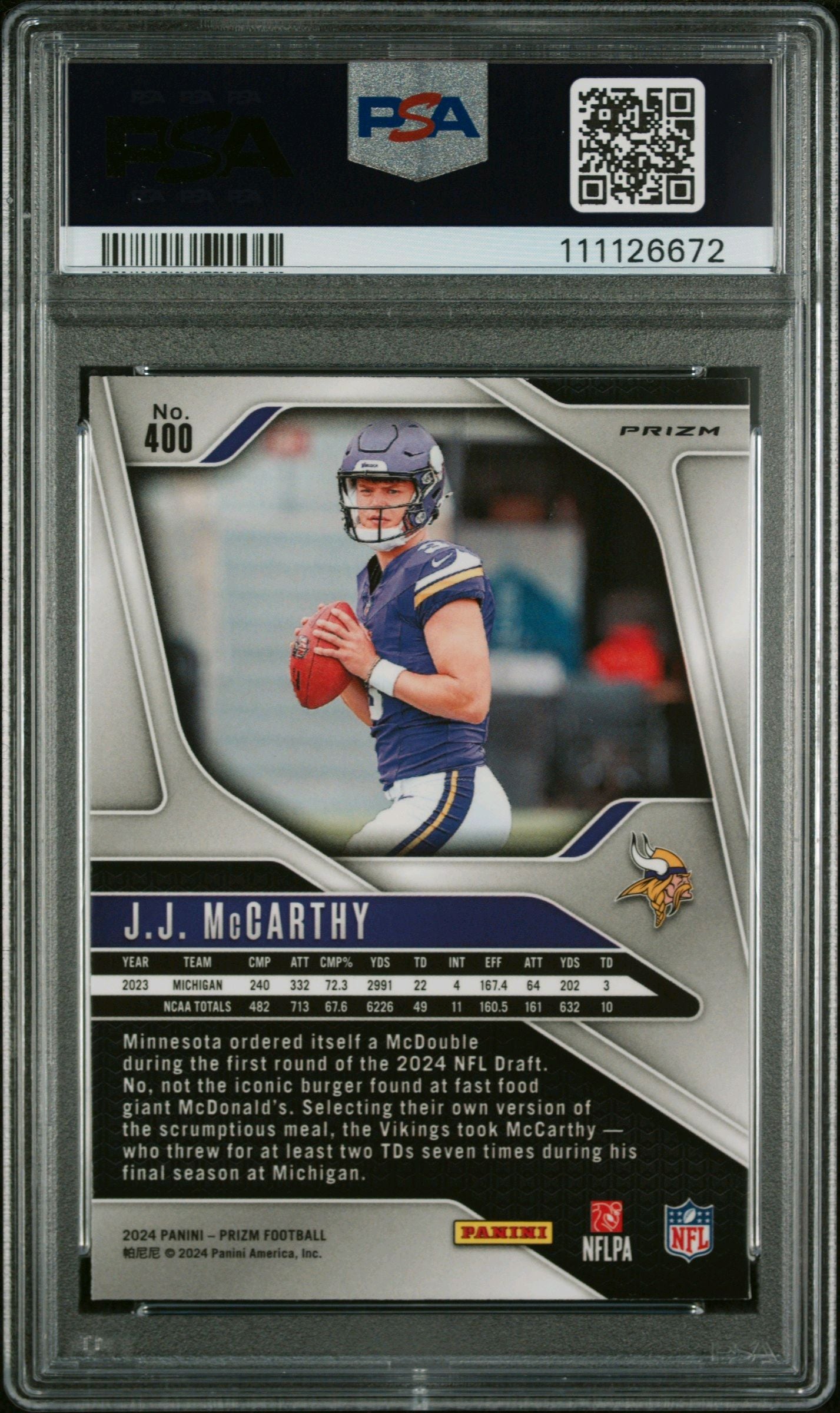 2024 Prizm JJ McCarthy Silver Prizm RC PSA 9
