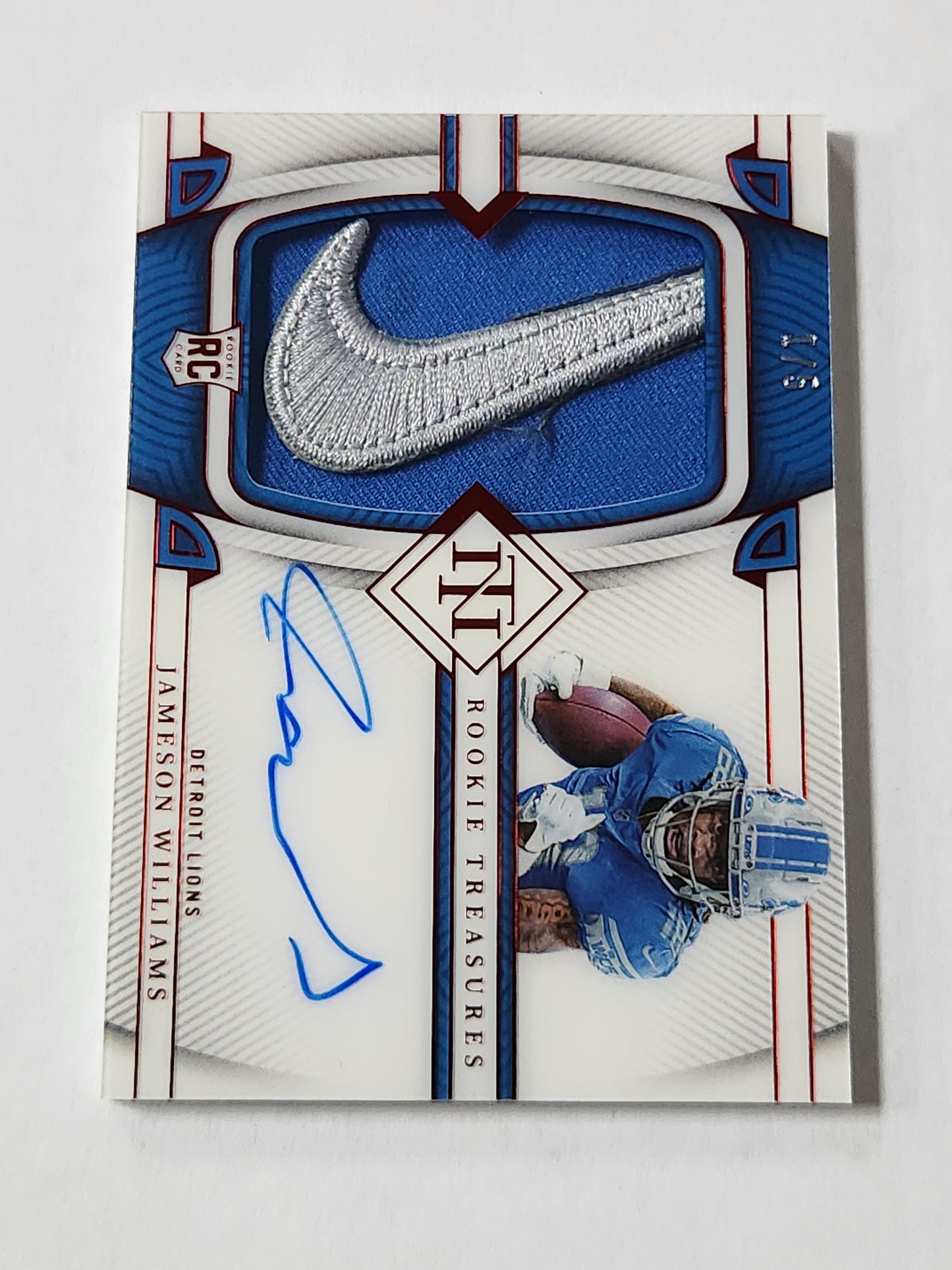2022 National Treasures Jameson Williams Rookie Patch Auto Red #1 /5 On Card Nike Patch