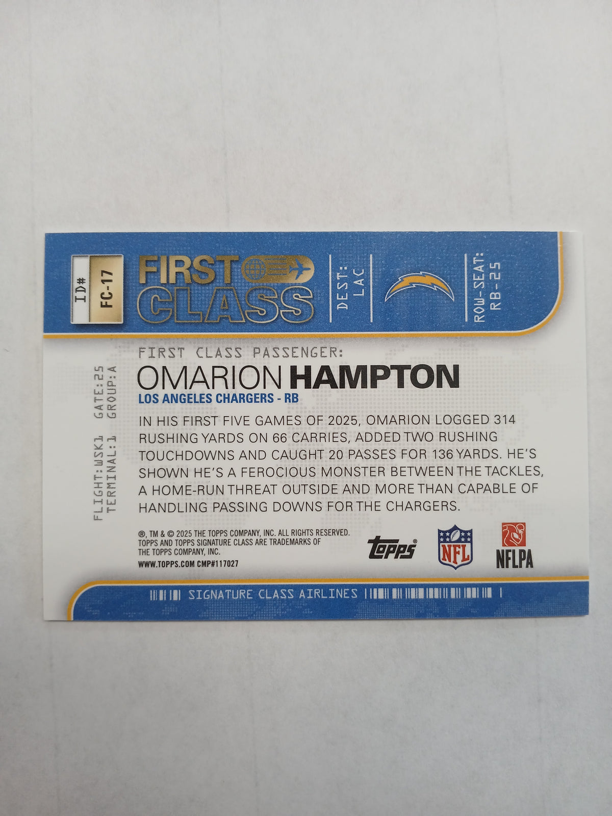 2025 Topps Signature Class Omarion Hampton First Class Rookie Debut Case Hit SSP