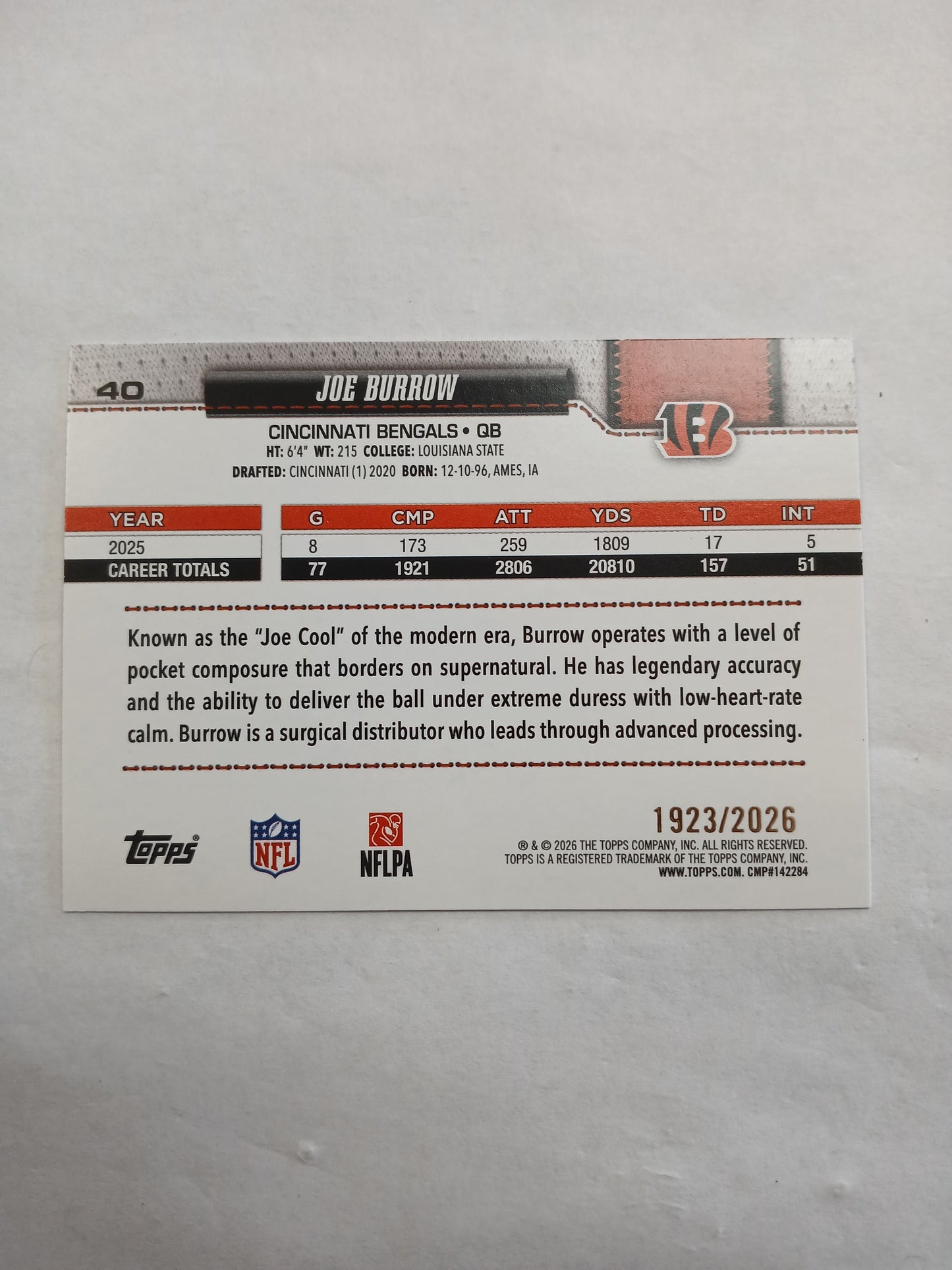 2026 Topps Flagship Football Joe Burrow Gold Border #/2026