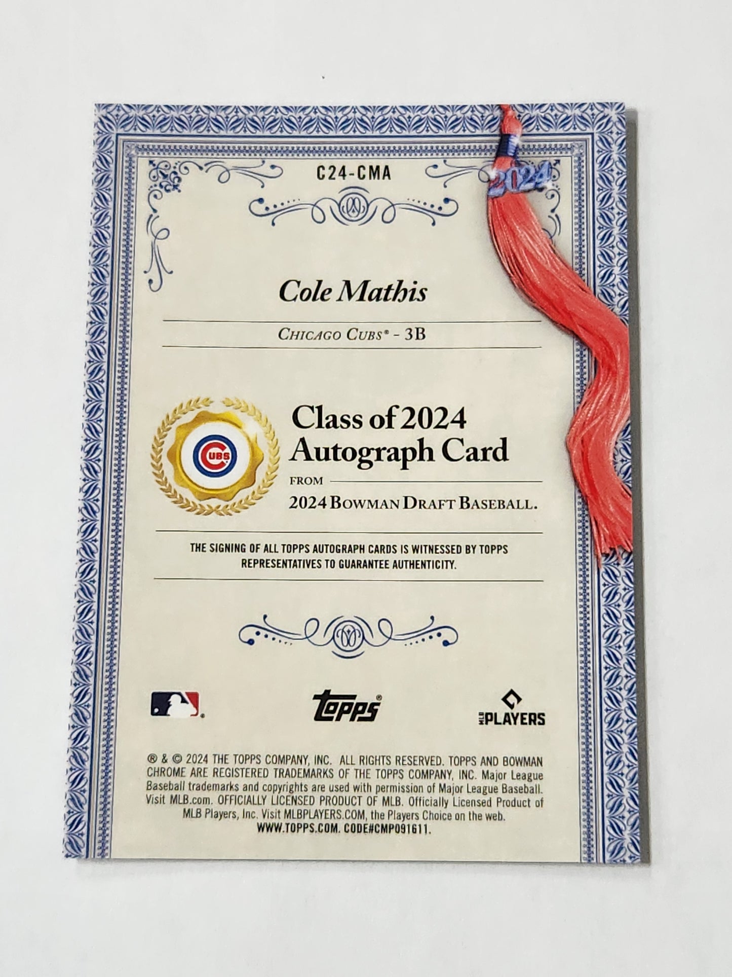 2024 Bowman Chrome Cole Mathis Class of 2024 Auto /250