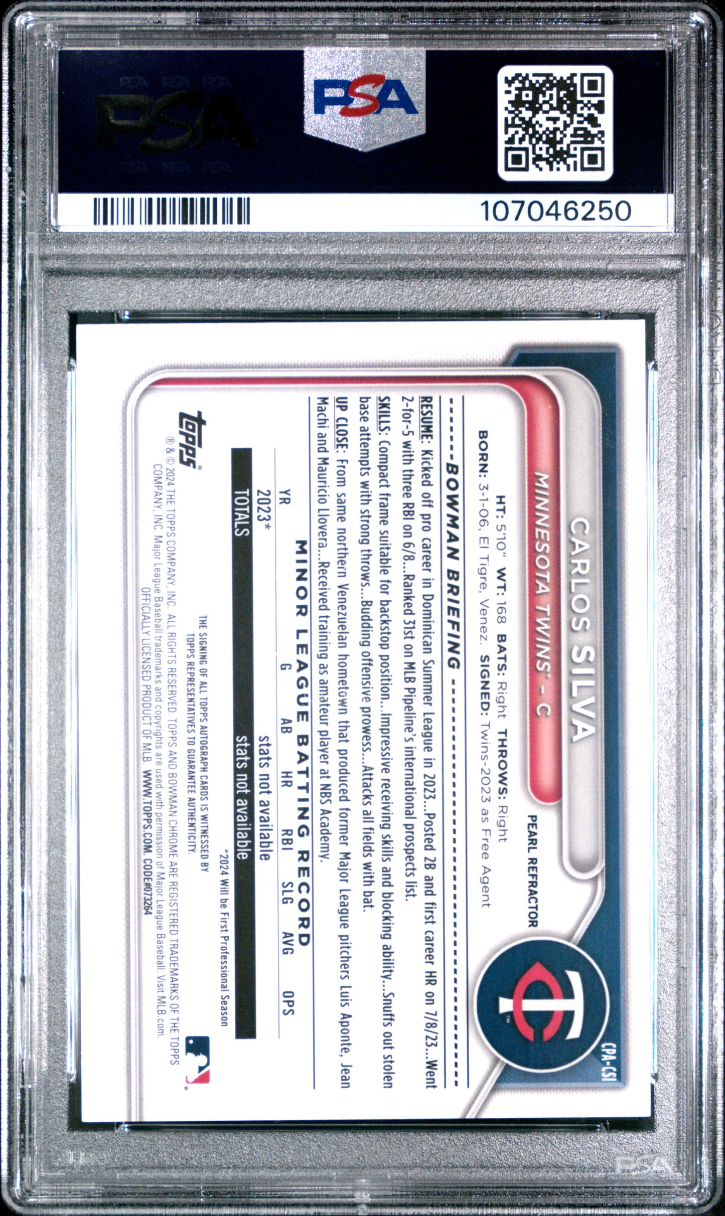 2024 BOWMAN CHROME PROSPECT AUTOGRAPHS #CPACSI CARLOS SILVA CHR PROSPECT AU-PEARL REF