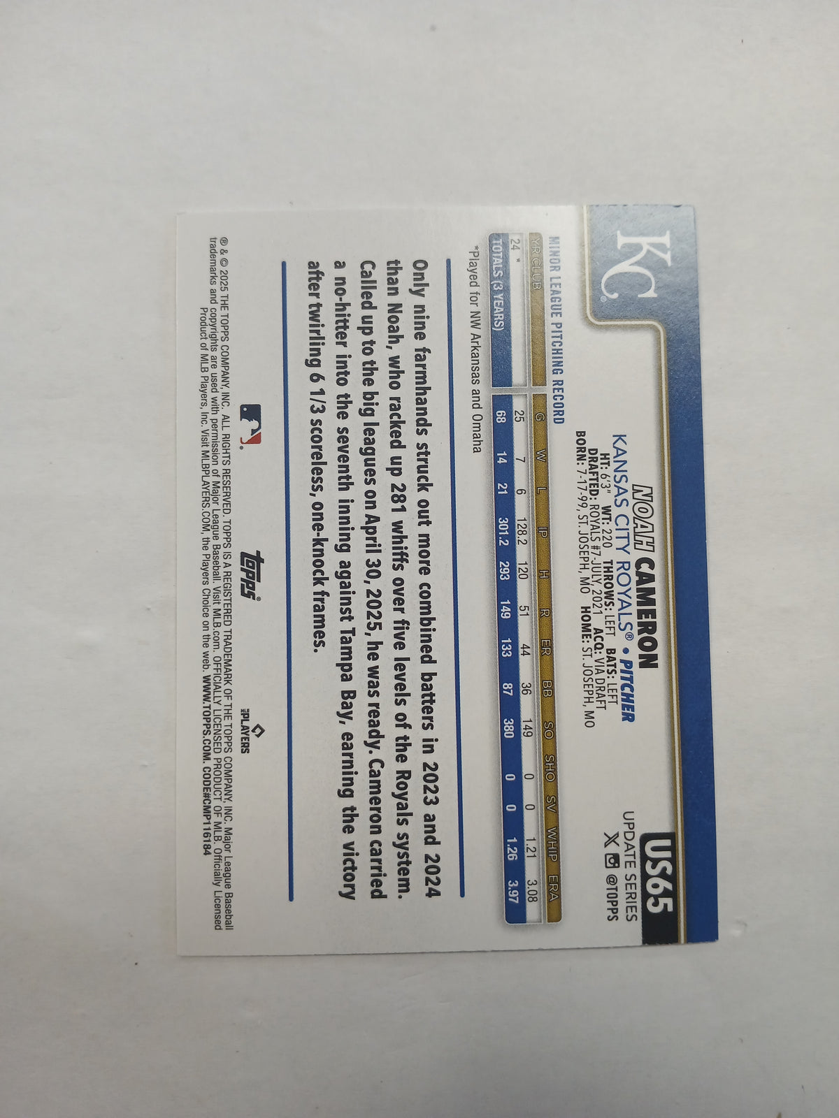 2025 Topps Noah Cameron Rookie Photo Variation SSP