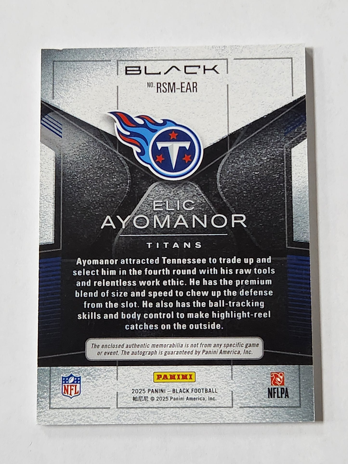 2025 Panini Black Elic Ayomanor # /99 Rookie Patch Auto Titans RPA Purple