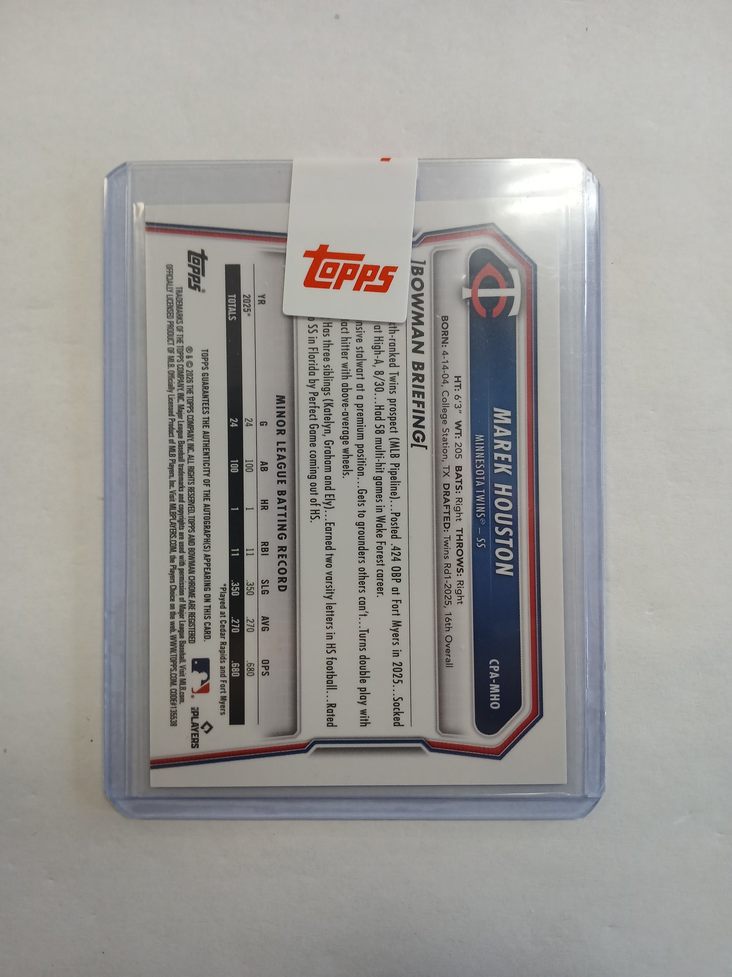 2026 Bowman Chrome Marek Houston 1st Bowman Baseball Bubble Gum Cards On Card Auto #/89