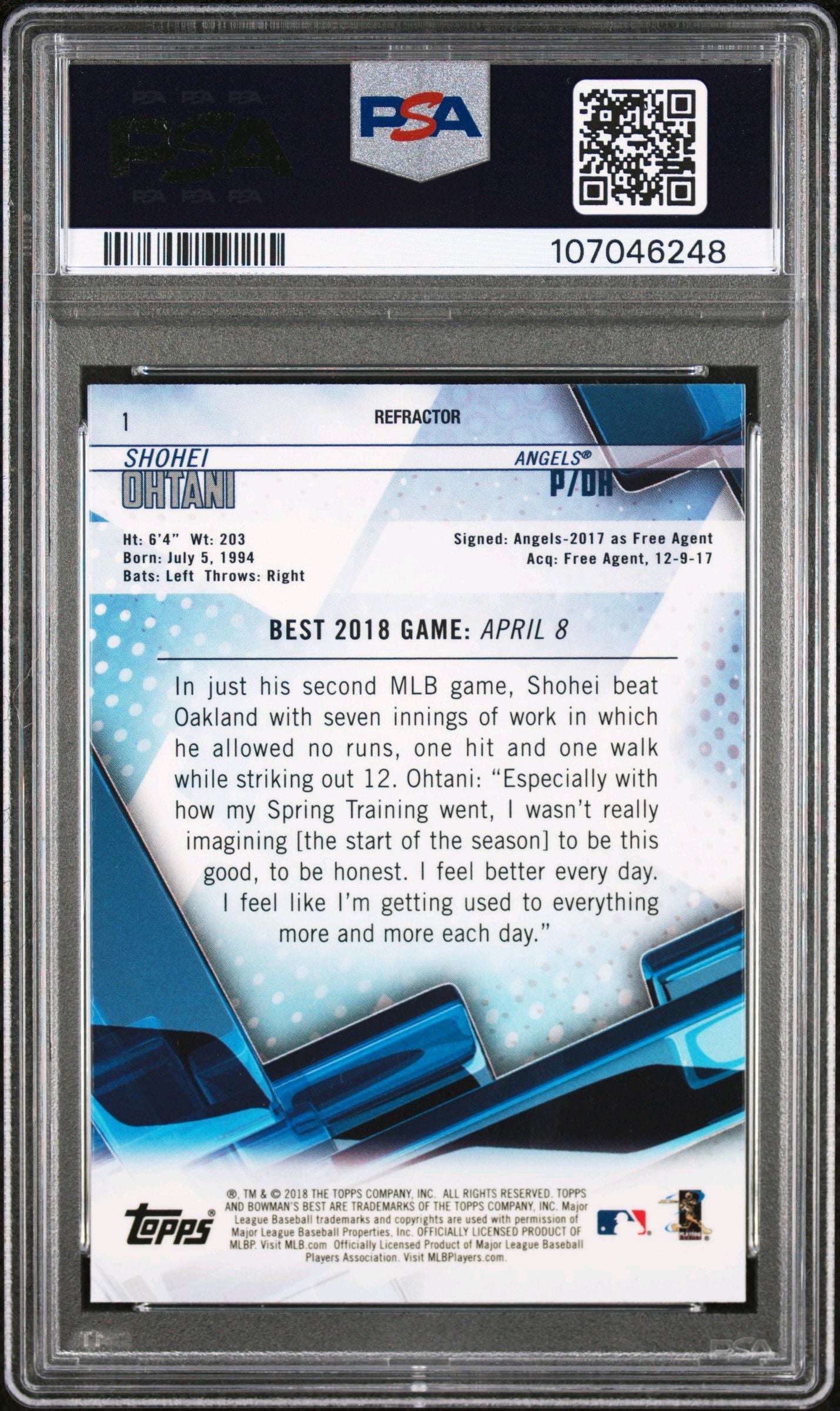 2018 BOWMAN'S BEST #1 SHOHEI OHTANI RC REFRACTOR PSA 10