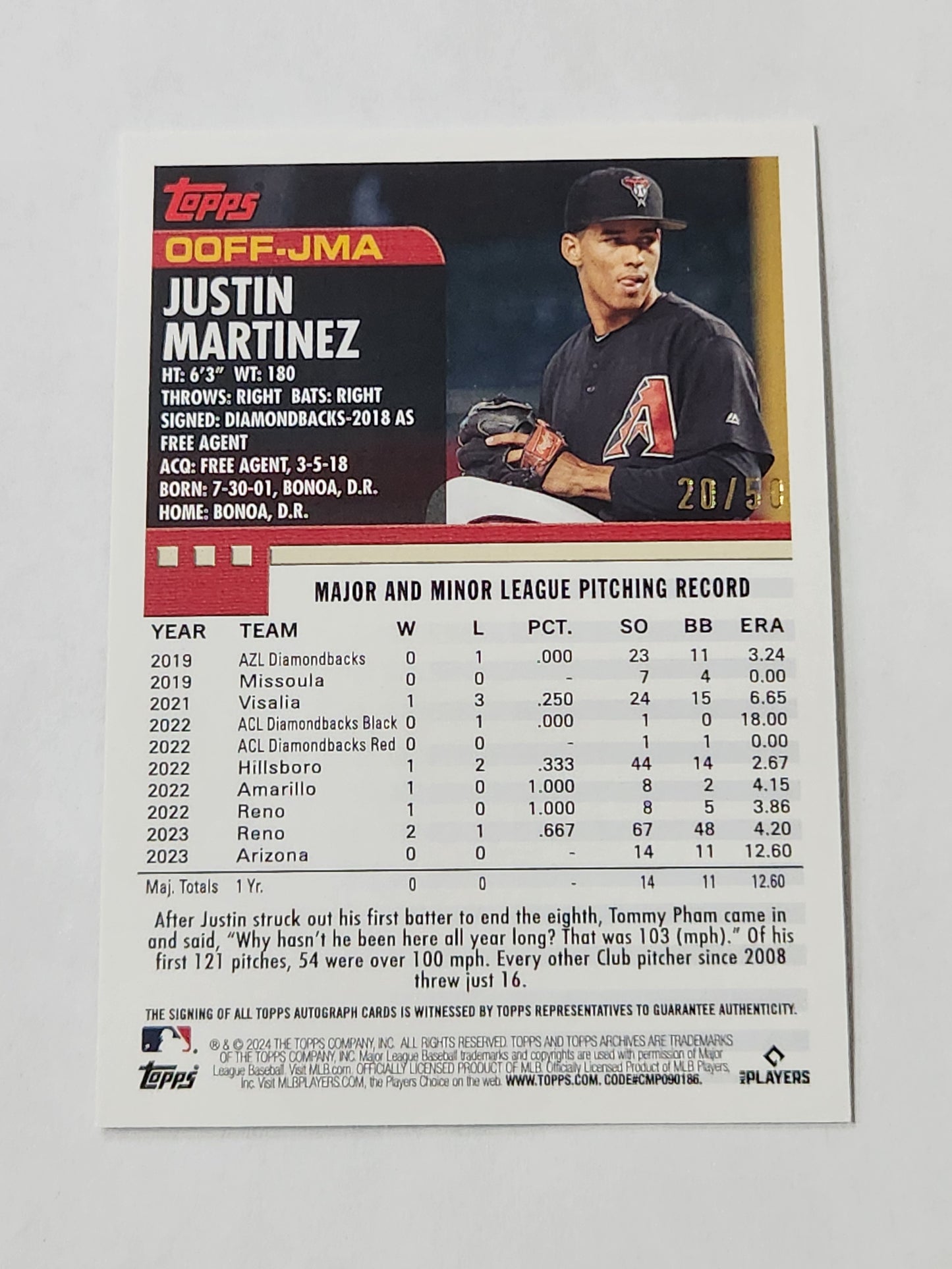 2024 Topps Archives Fan Favorites Justin Martinez Rookie Auto /50