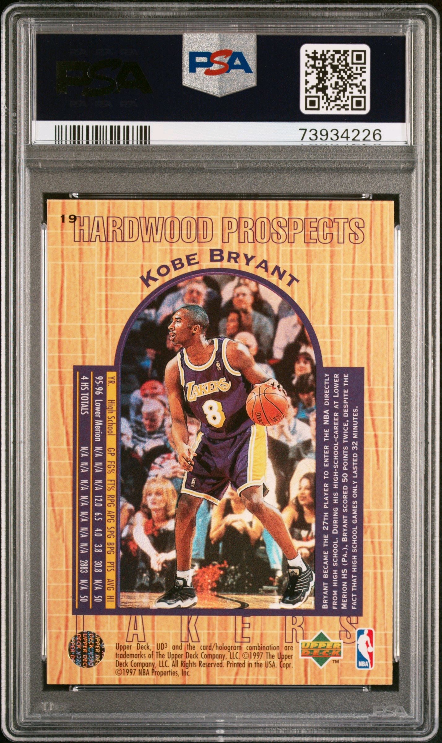 1996 Upper Deck UD3 Kobe Bryant Hardwood Prospects Rookie PSA 8