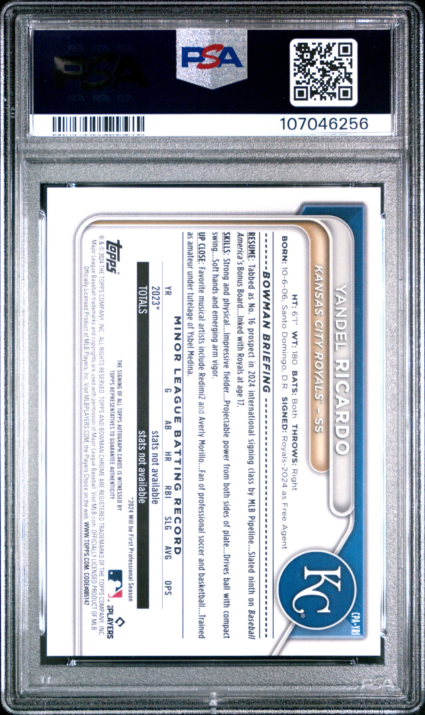 2024 BOWMAN CHROME PROSPECT AUTOGRAPHS #CPAYRI YANDEL RICARDO PROSPECT AU-BLUE RAYWAVE